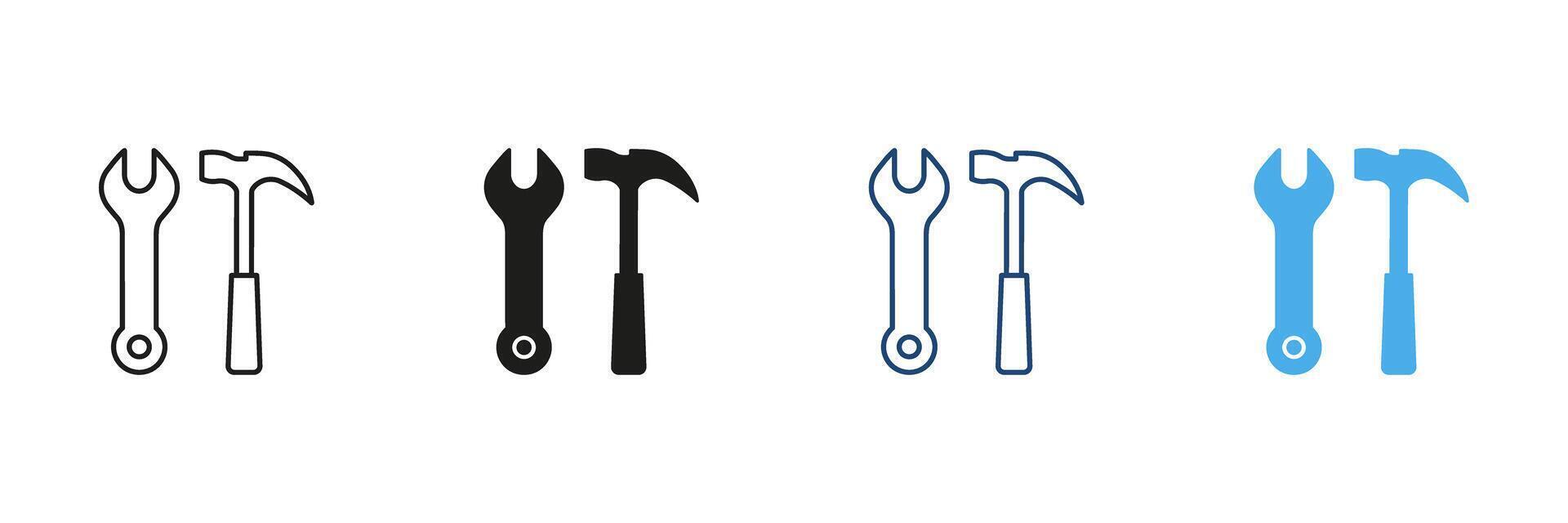 Wrench And Hammer Tool Icon Set. Construction, Repair, And Maintenance Outline And Silhouette Symbol Collection. Diy And Handyman Tools. Isolated Illustration vector