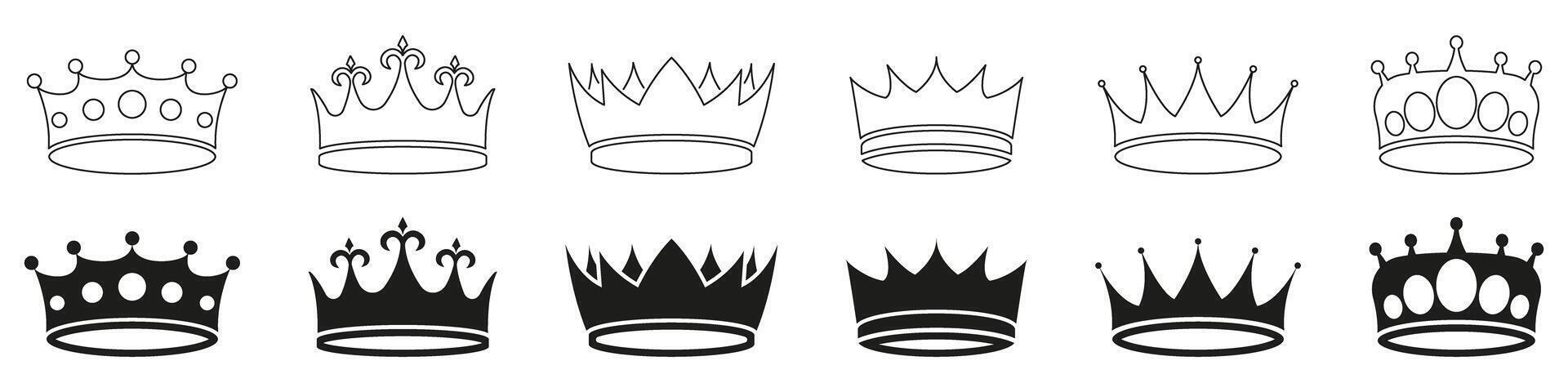 Royal Crown Outline and Solid Icon Set. Elegant Tiara and Crown Symbols. Power, Monarchy, and Nobility. King and Queen Headpiece Silhouette and Line Art Symbol. Isolated Illustration vector
