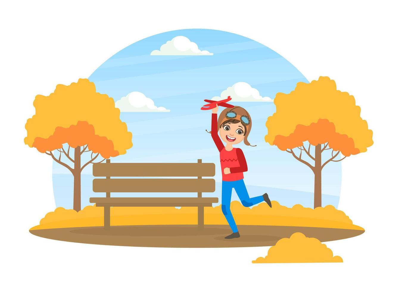 Cute Boy in Retro Leather Helmet Playing with Toy Airplane in Autumn Park Illustration vector