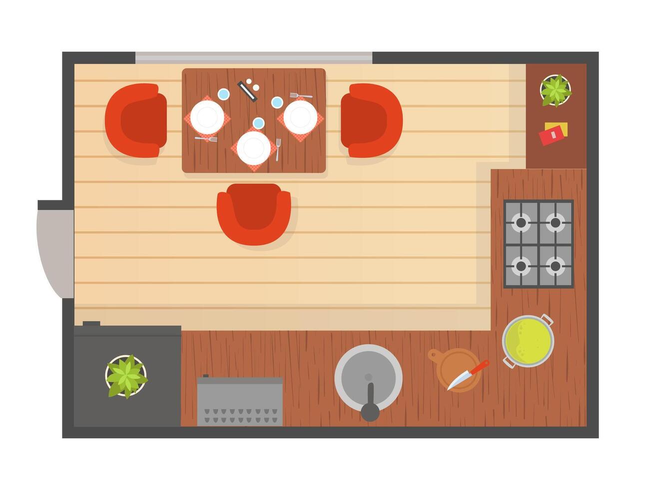 Dining Room Modern Interior, Top View of Detailed Plan for Apartment or Family House with Furniture Elements Illustration vector