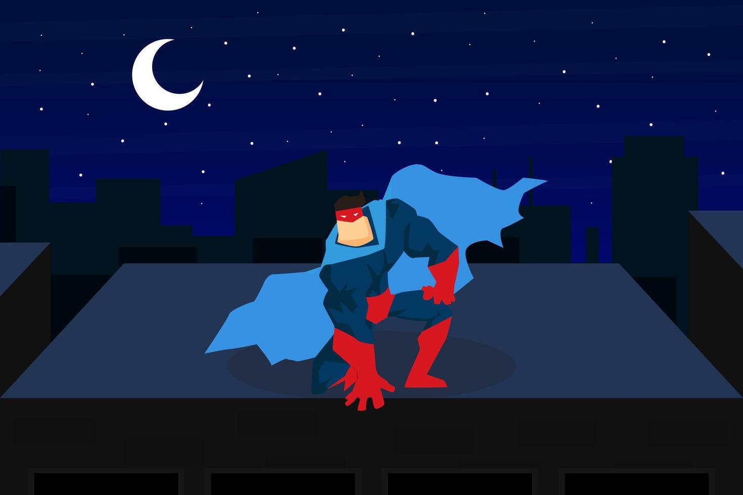 Brave Muscular Superhero Character in Blue Waving Cloak Sitting on Top of Roof at Night City Cartoon Illustration vector