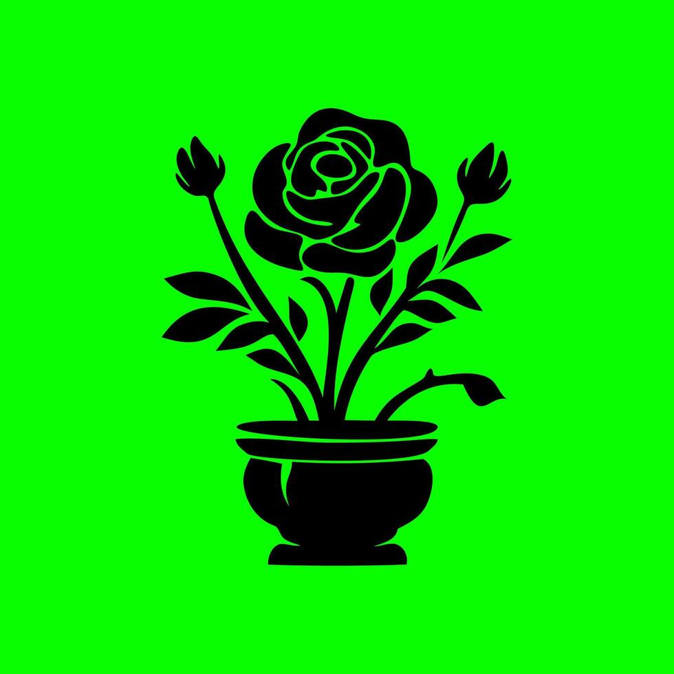 Elegant Rose in a Flower Pot Silhouette on Neon Green Background vector