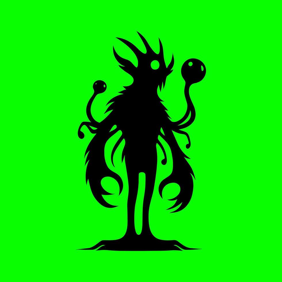 Dark Eldritch Horror Silhouette with Tentacles and Glowing Eyes on Neon Green Background vector