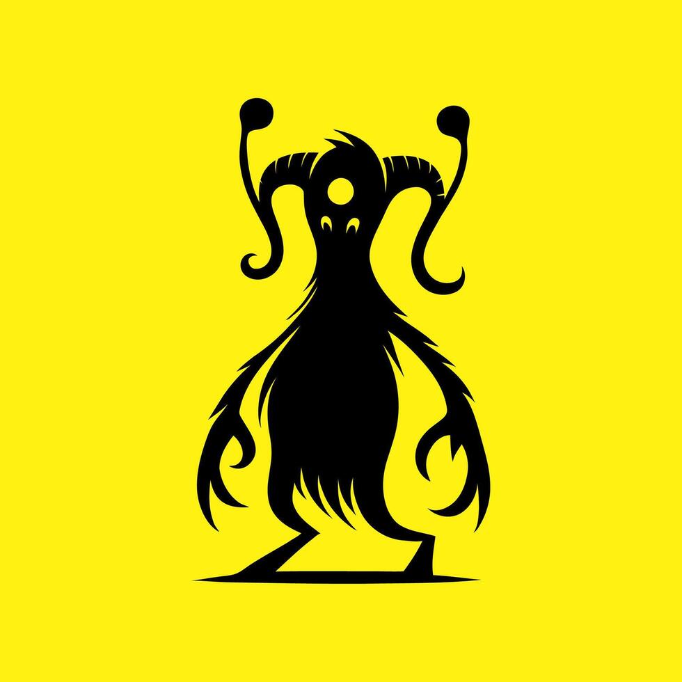 Alien Monster Silhouette with Horns on Yellow Background vector