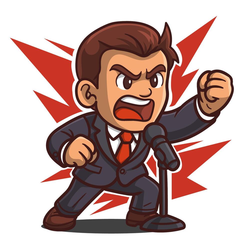 oration. speaker giving a conference speech. Male speaker gesturing during presentation. Political figure making speech event vector