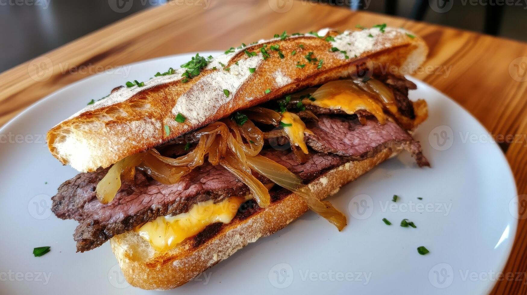 A steak sandwich with onions and cheese on a white plate photo