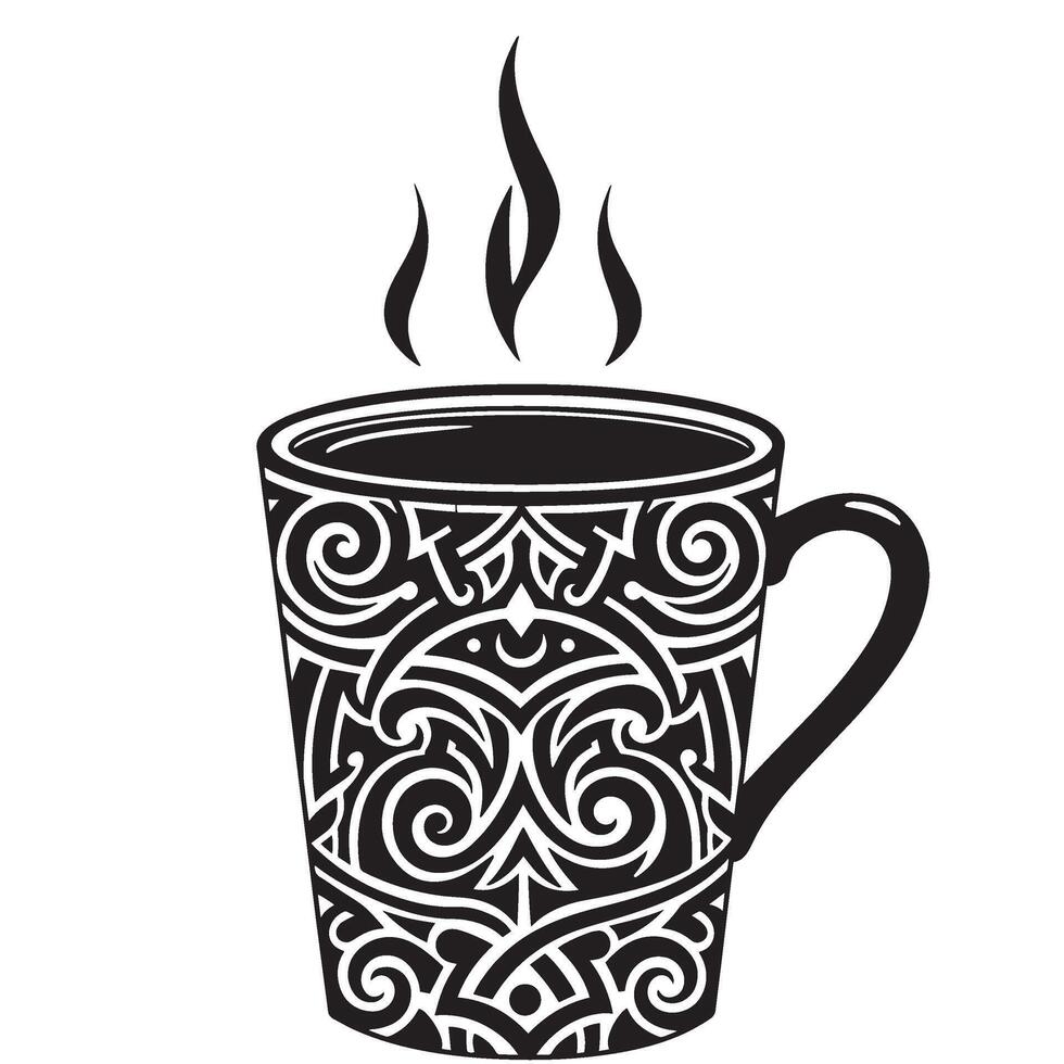 Tribal coffee cup vectors art with ornamental design elements in silhouette style for beverage illustrations
