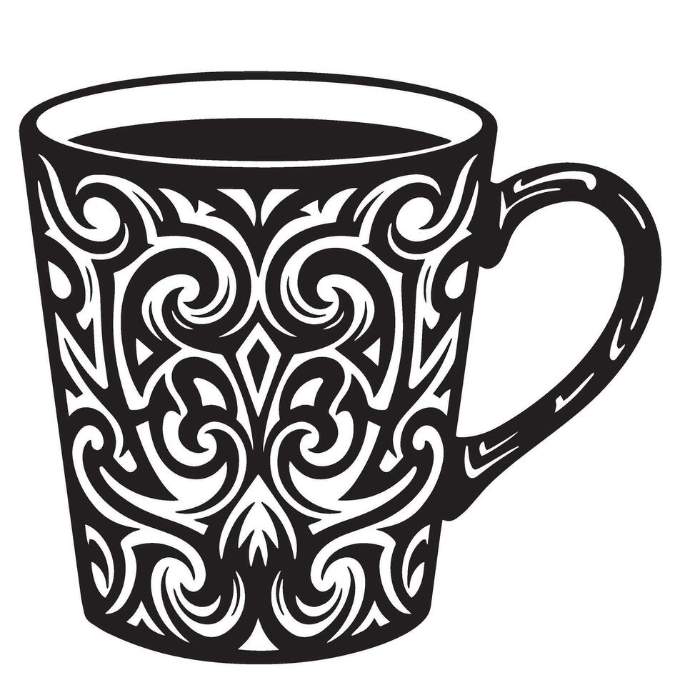 Abstract tribal pattern coffee cup artwork with silhouette design perfect for takeaway beverage branding vector
