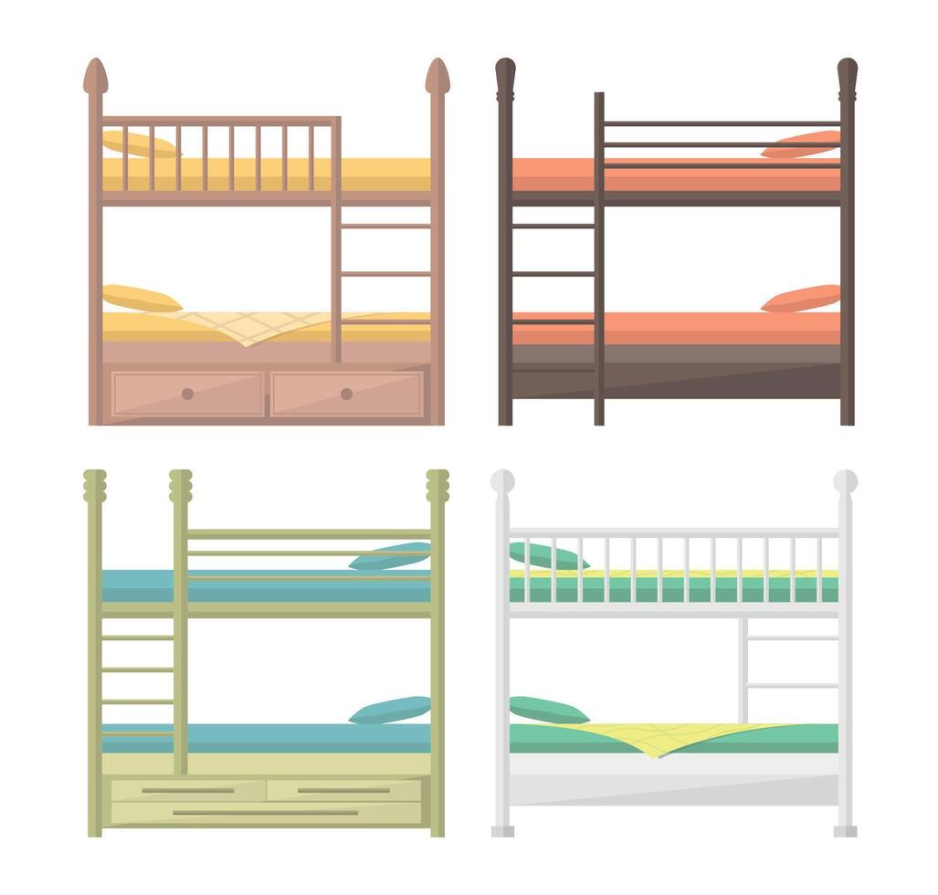 Set of bunk bed icons with sheets and pillows. Beds for overnight stays. Side view. vector