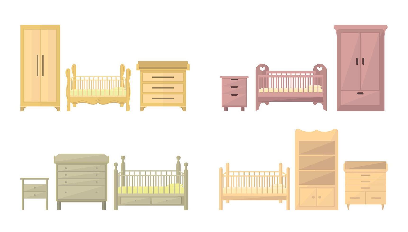 Set of furniture icons for children's room. Baby crib, changing table, chest of drawers and more. vector