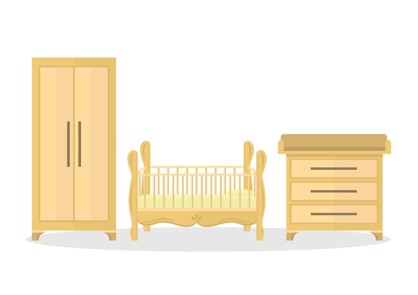 Baby crib icon with wardrobe and changing table on white background. Room furniture. vector