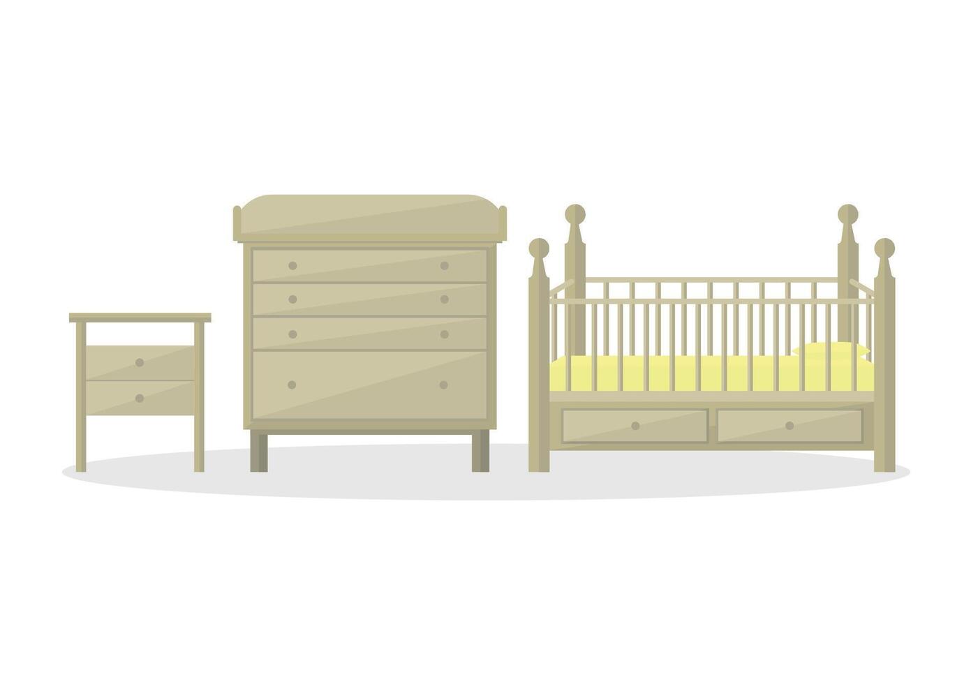 Baby crib icon with chest of drawers and nightstand with drawers. Storage furniture. vector