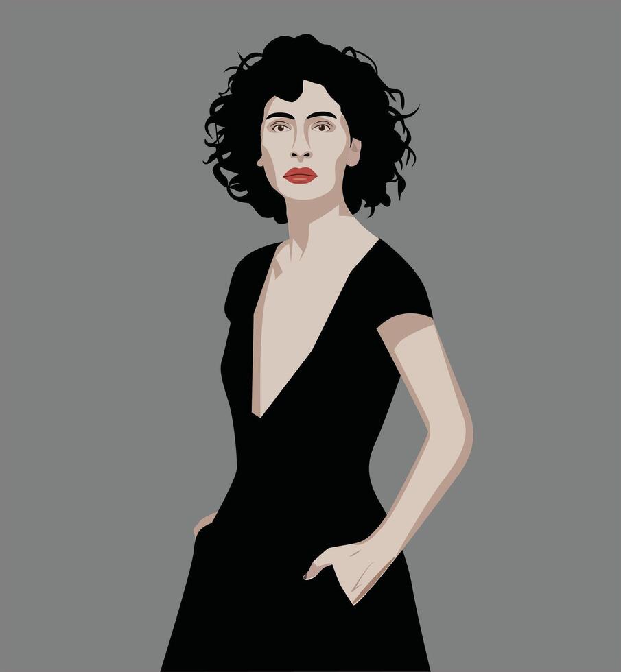 A woman with curly hair in a black dress vector
