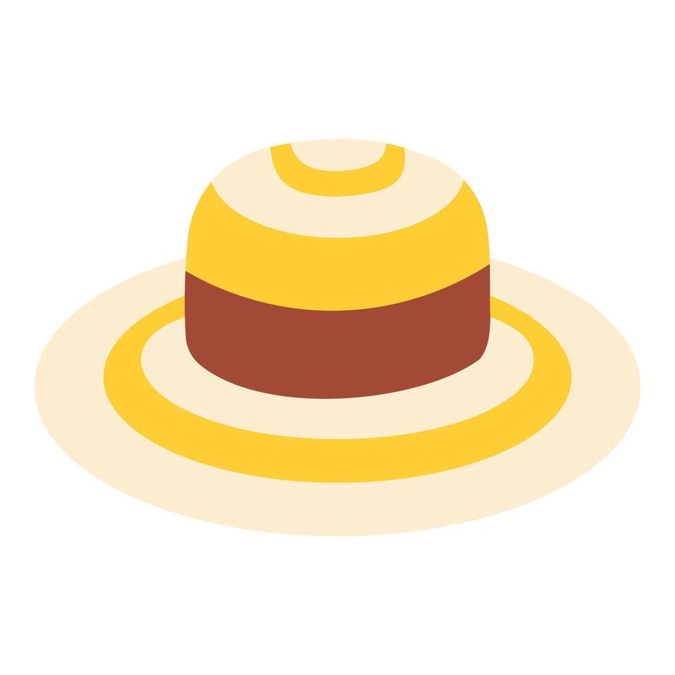 A yellow and brown hat with a brown band sits on a white background. The hat is a simple design with a round shape and a striped pattern. The hat is not very detailed, but it has a casual vector