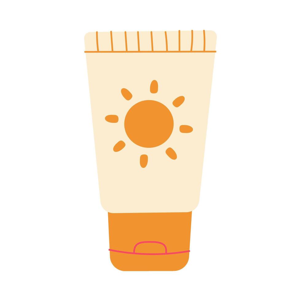 A tube of sunscreen with a sun on it. The tube is orange and white. The sun is yellow and has a few dots on it vector