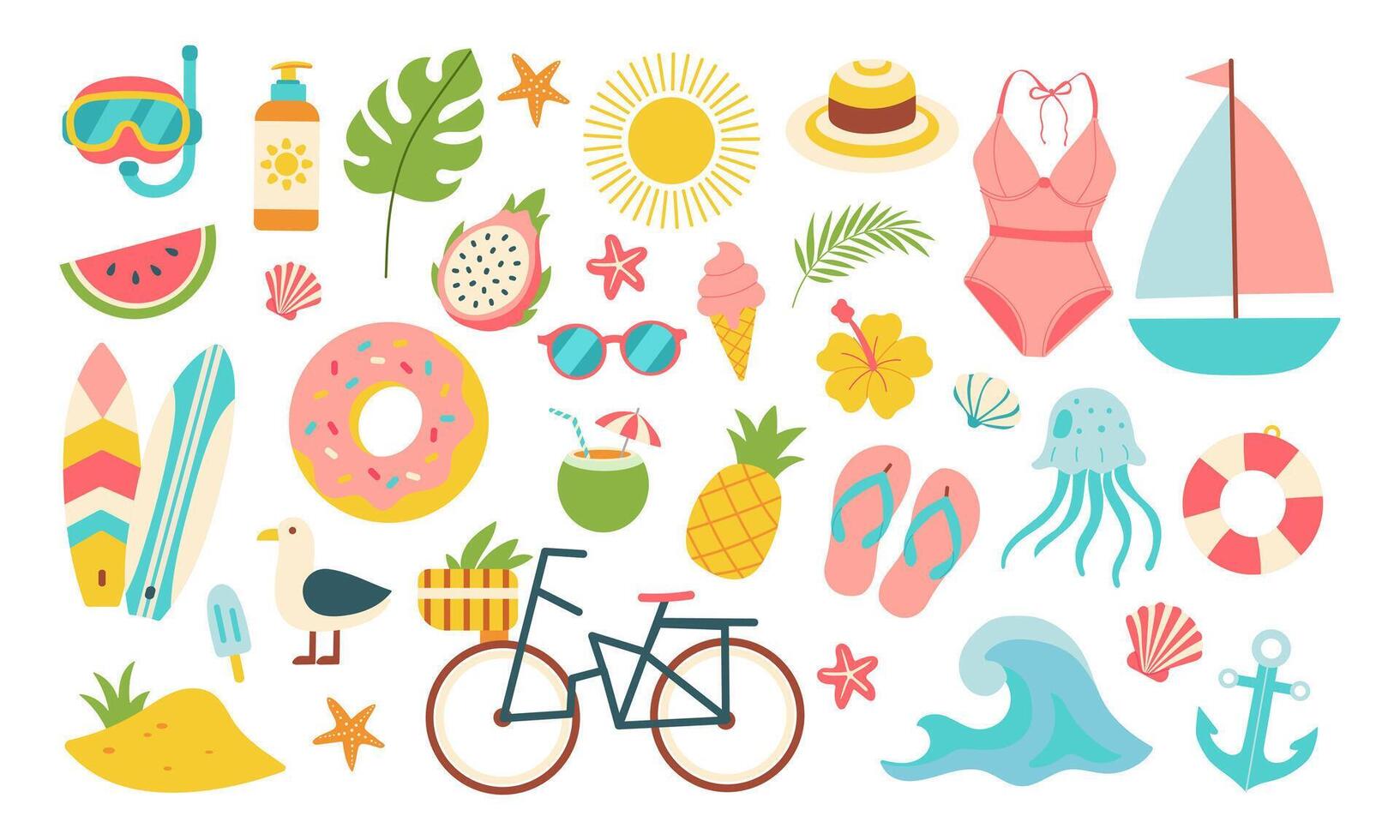 A collection of beach and summer themed items including a surfboard, a bicycle, a donut, a pineapple, a boat, a pair of flip flops, a pair of sunglasses, a bottle, a cup, a hat, and a jelly vector