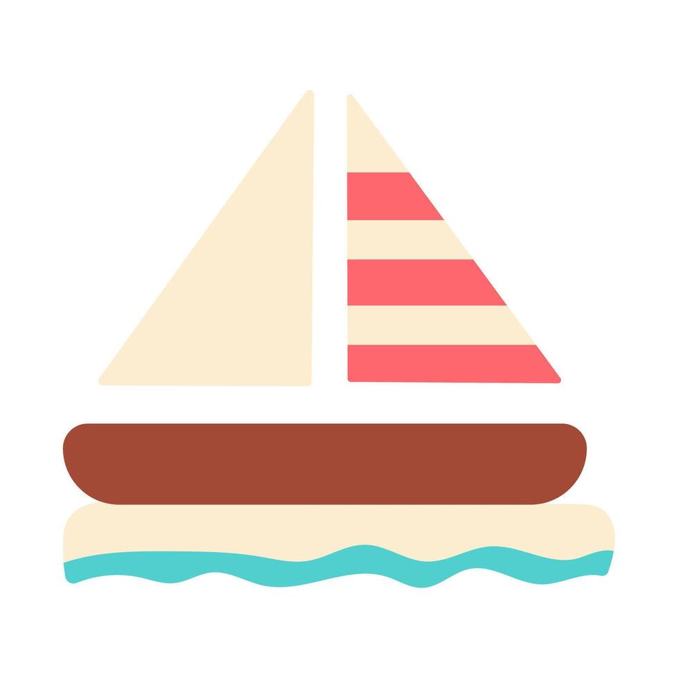 A cartoon drawing of a sailboat with a red stripe on the side. The boat is on a body of water with waves in the background. Scene is calm and peaceful, as the boat is sailing on a clear day vector