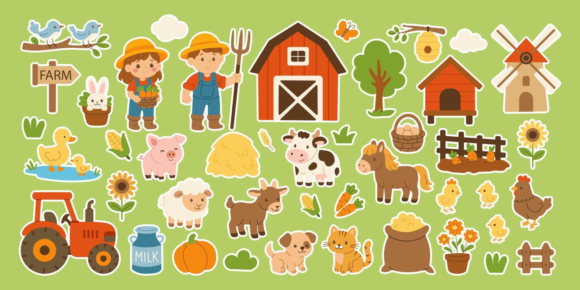 A farm scene with a sign that says Farm in the background. There are several farm animals, including a cow, a horse, and a chicken. A tractor is also present in the scene vector