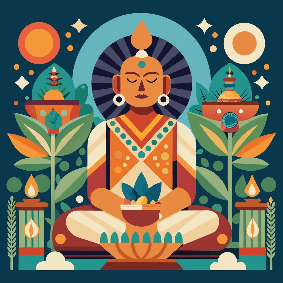 the buddha is sitting in a lotus position with a lotus flower vector