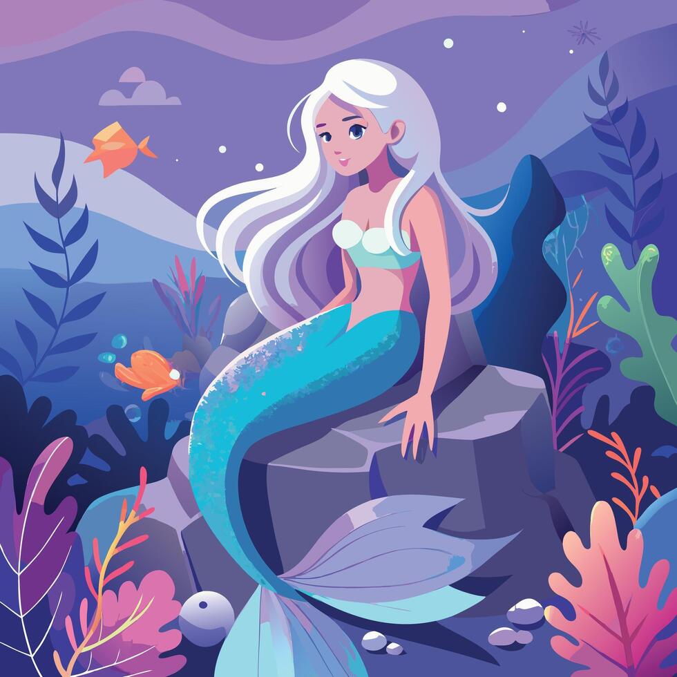 a cartoon mermaid sitting on a rock with fish and plants vector