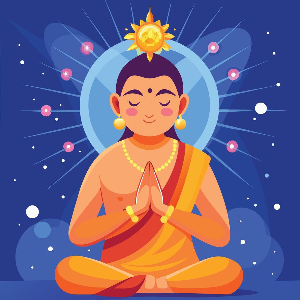 buddha meditation in lotus position with sun and stars vector
