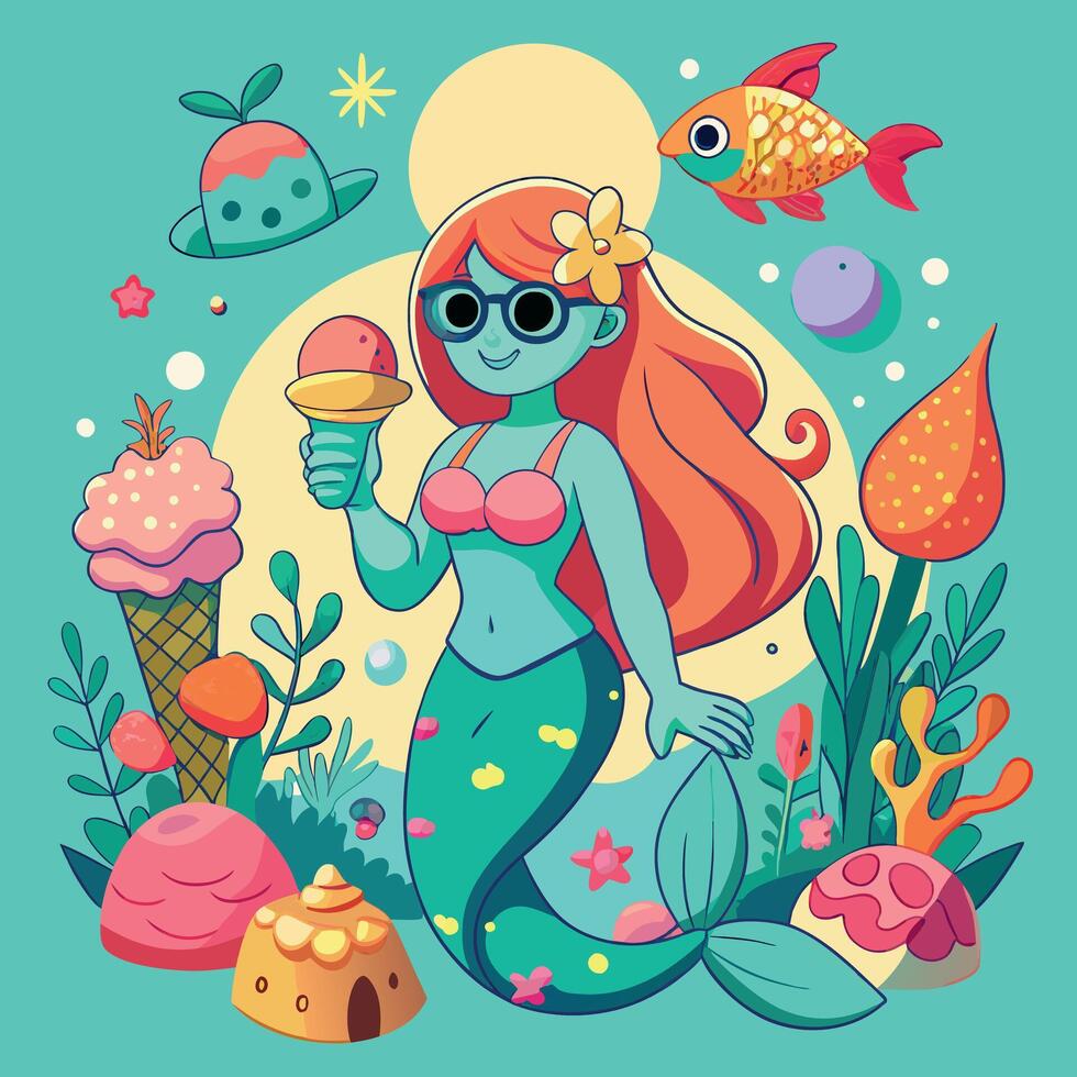 a cartoon mermaid with an ice cream cone and other food vector
