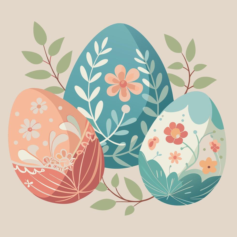 easter eggs with floral design on a beige background vector