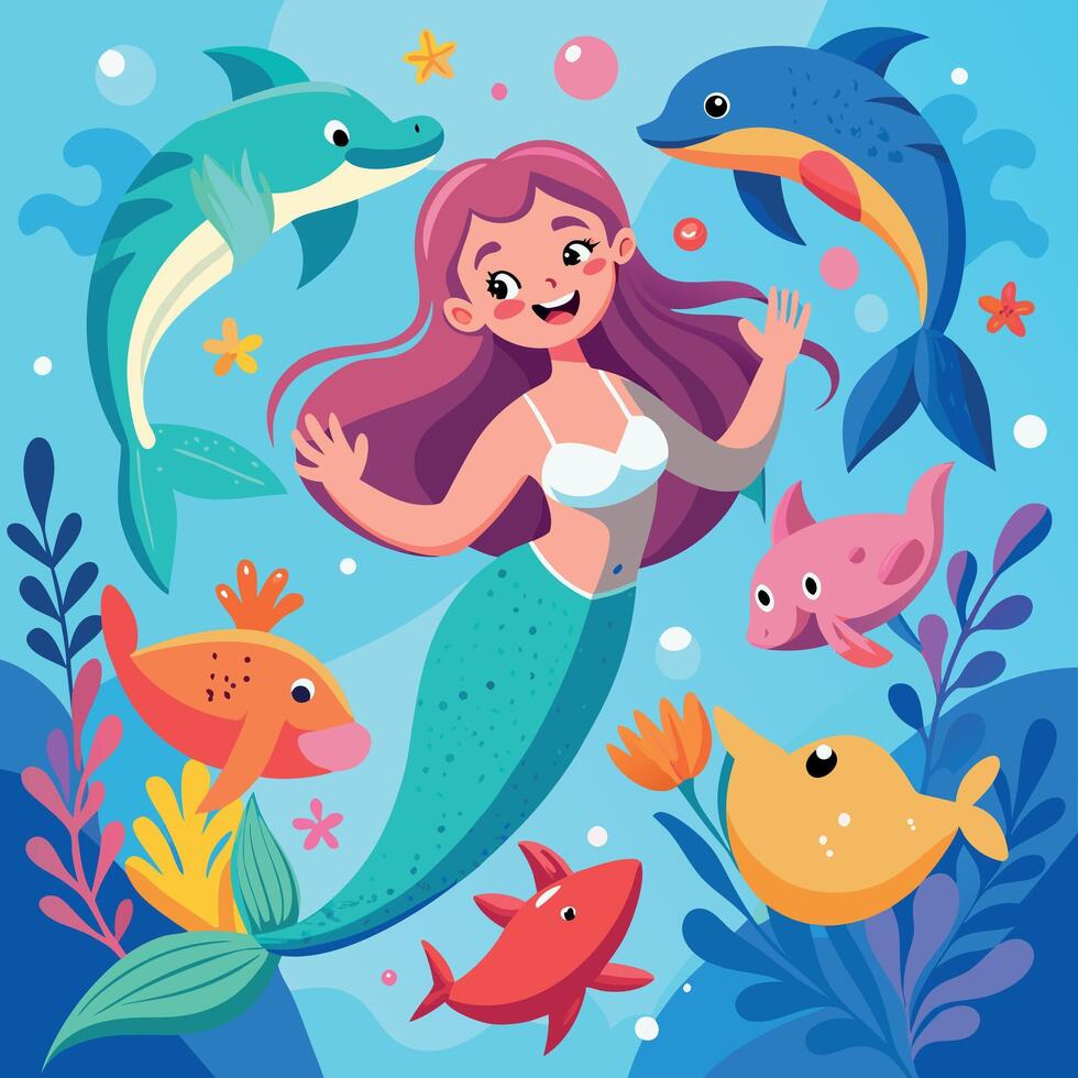 mermaid with dolphins and fish in the ocean vector
