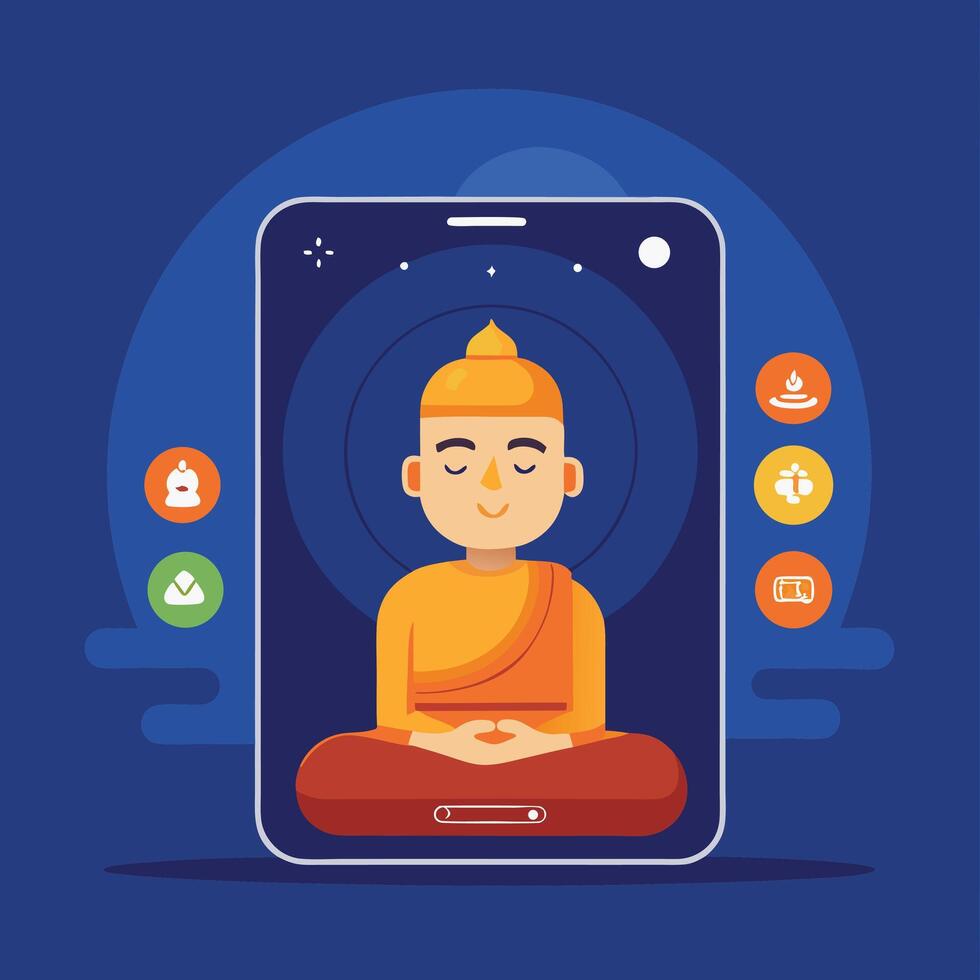 buddha meditation on smartphone with icons vector
