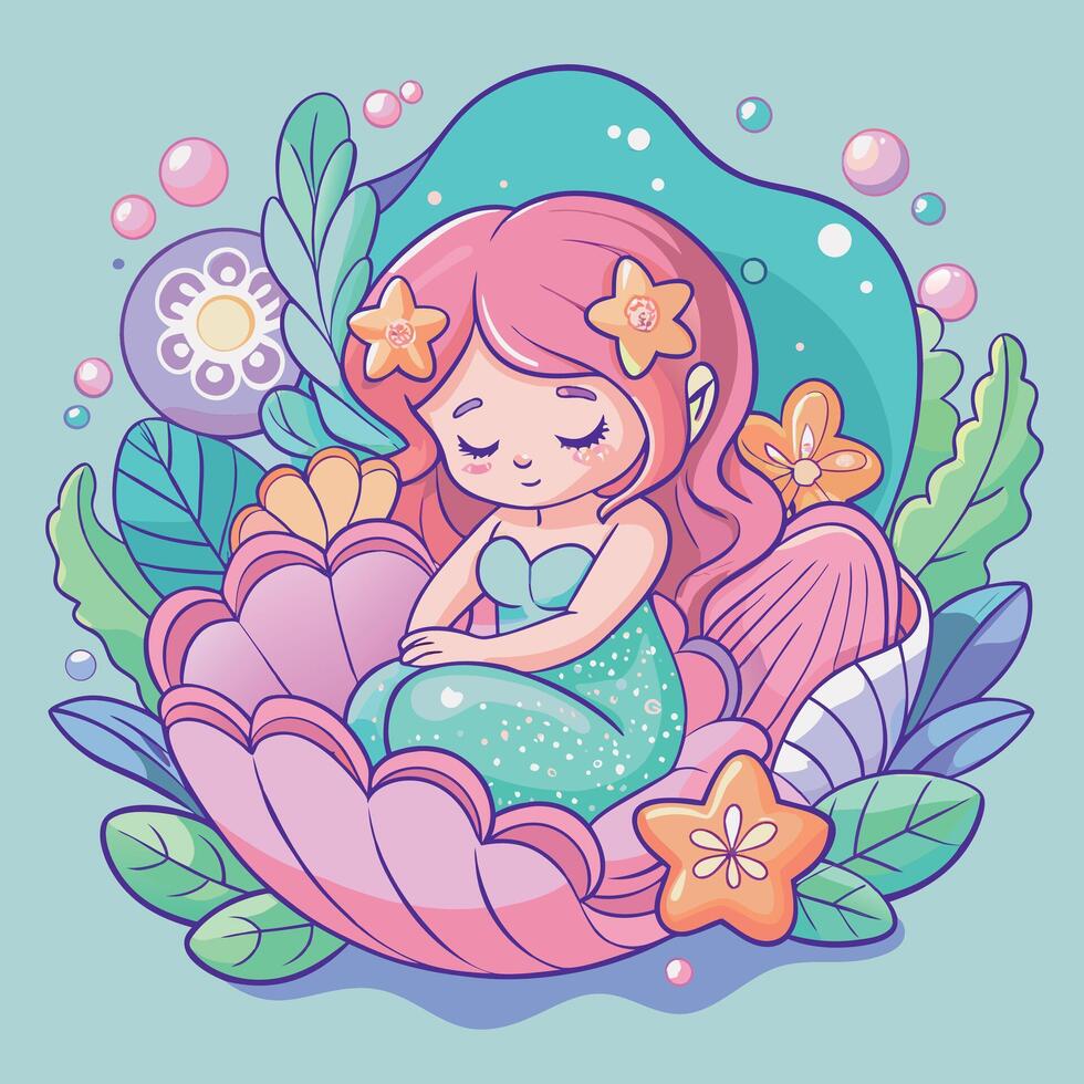 a cute little mermaid sitting on a shell with flowers and stars vector