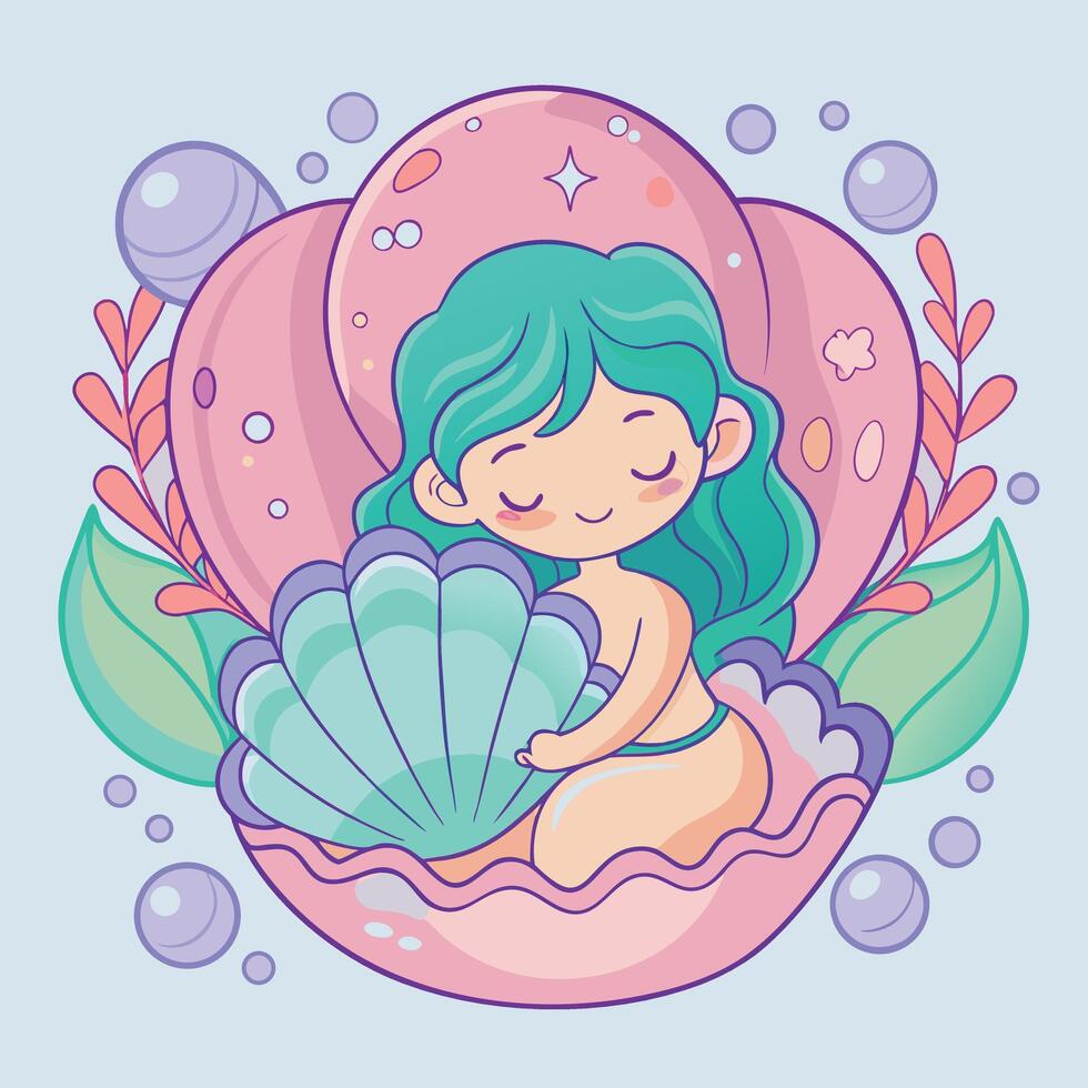 mermaid with a shell and bubbles on a blue background vector