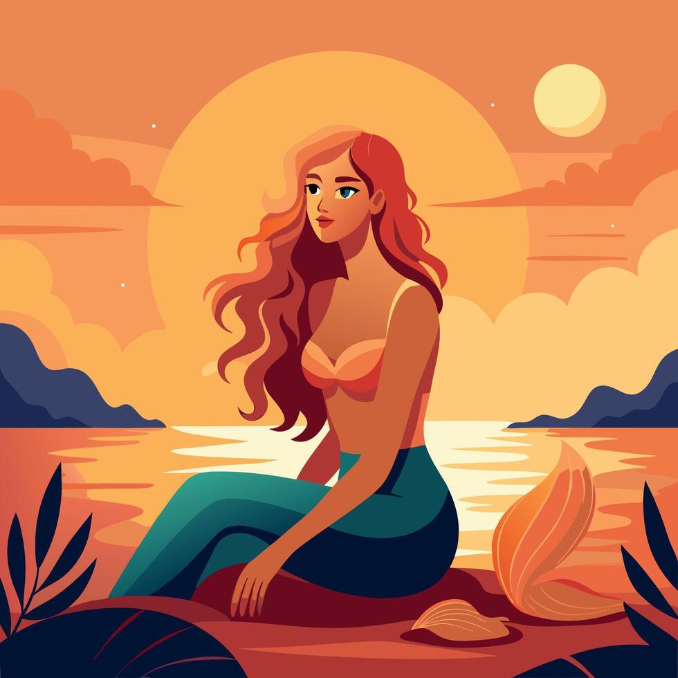 a beautiful mermaid sitting on the beach with her tail out vector