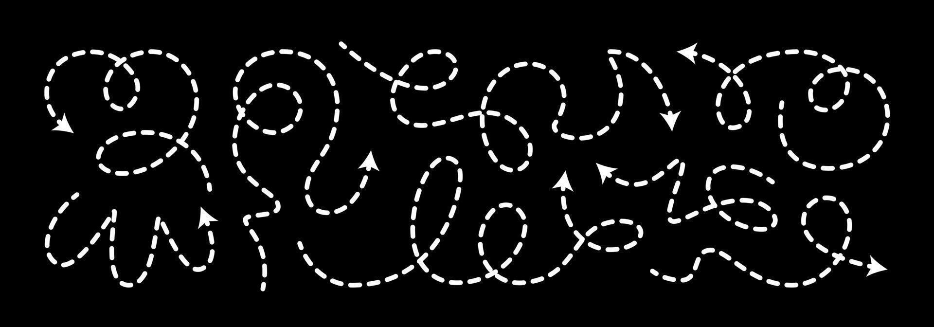Dashed arrow squiggly line set. Curved shape doodle brush element. Complex plan, map path pattern. 3d up down direction scribble dynamic curly marker. Looped black stroke twirl spiral handdrawn vector