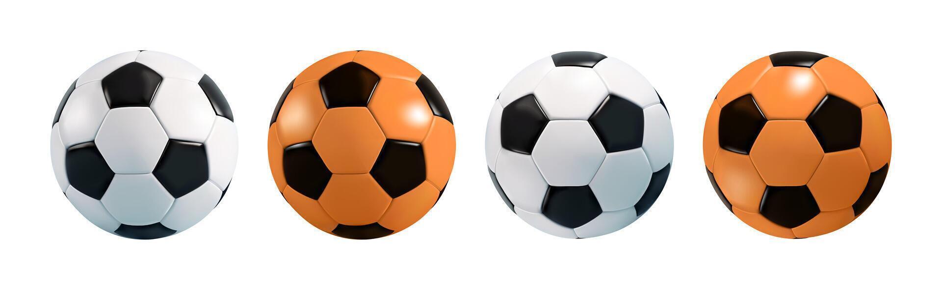 Soccer ball 3d icon set. Black and white european football league soccerball. Sport isolated logo for game bet. Handball isolated realistic render for world cup, school team, club tournament. vector