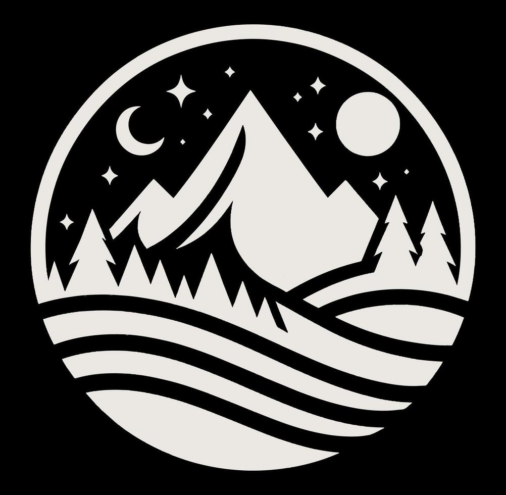 Mountain landscape illustration with trees and a moon vector