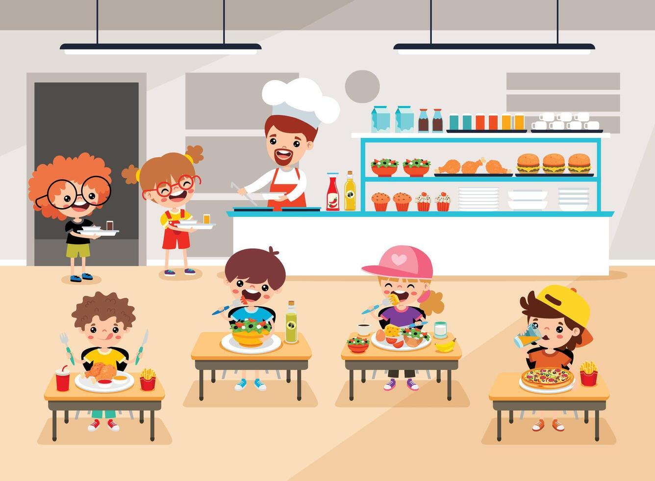Canteen Scene With Cartoon Characters vector