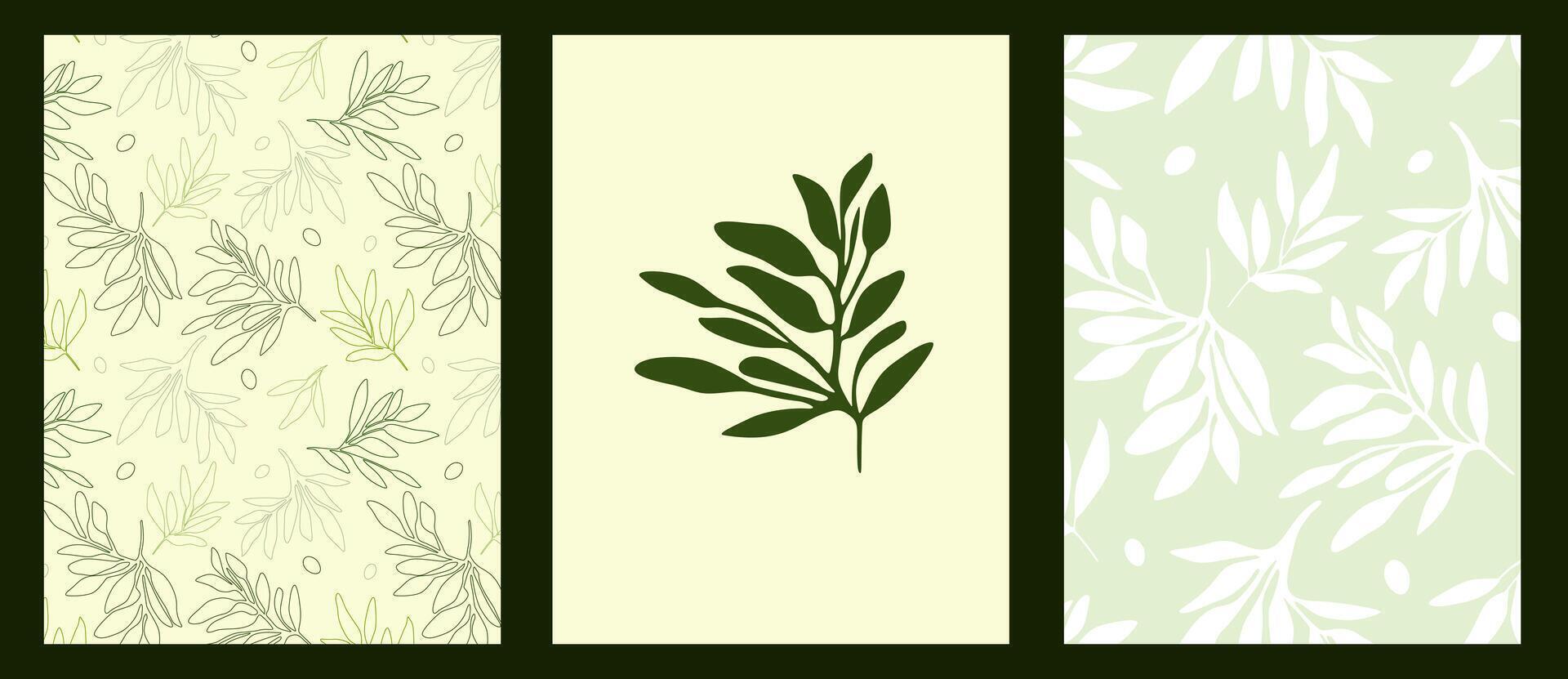 Set of card olive branches on a green background. Design template clip art for advertisements, olive oil, textiles and fabric. Eco-friendly and natural style layout. vector