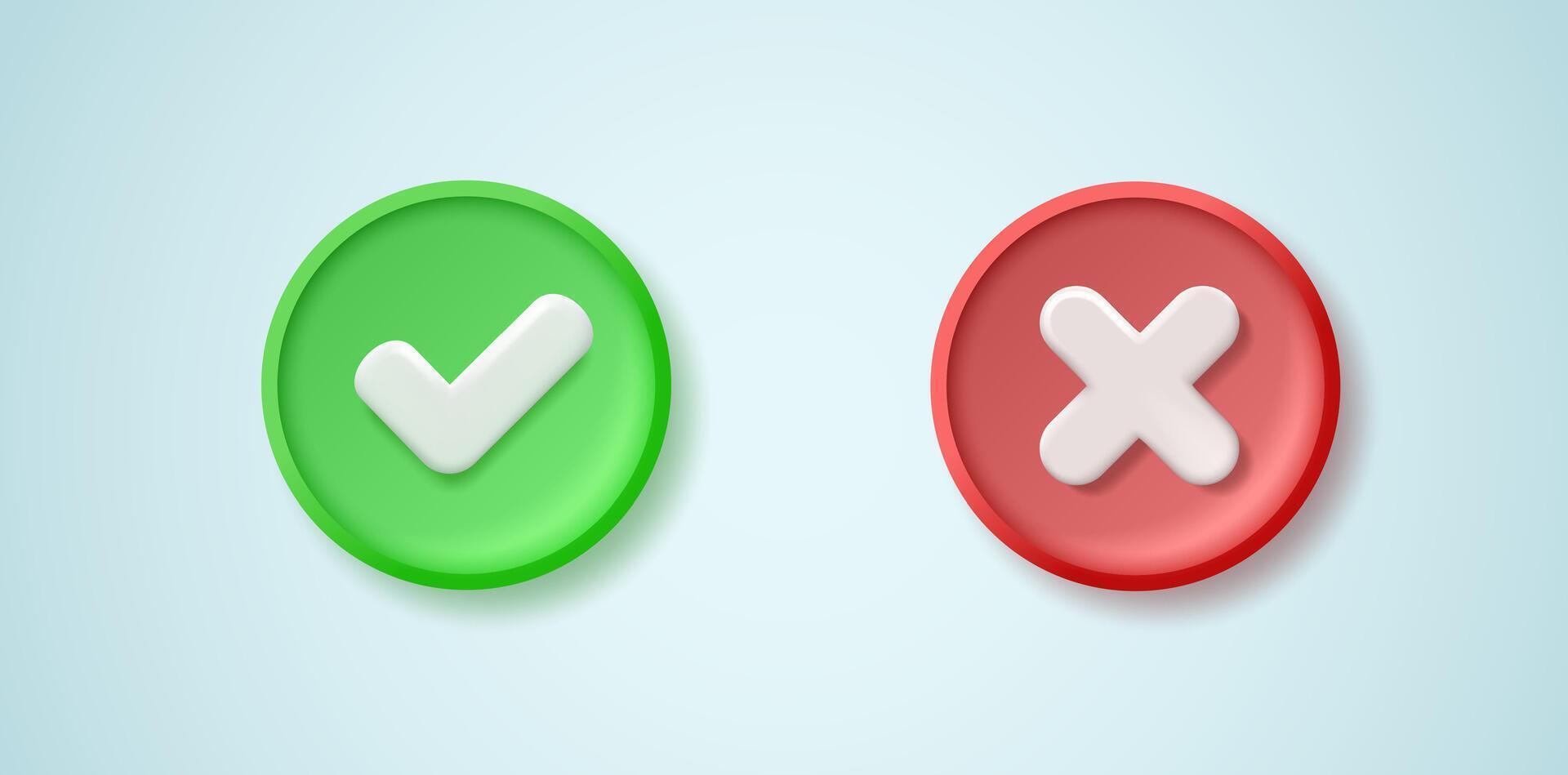 Set of realistic icons green flag and red cross. 3d illustration. vector