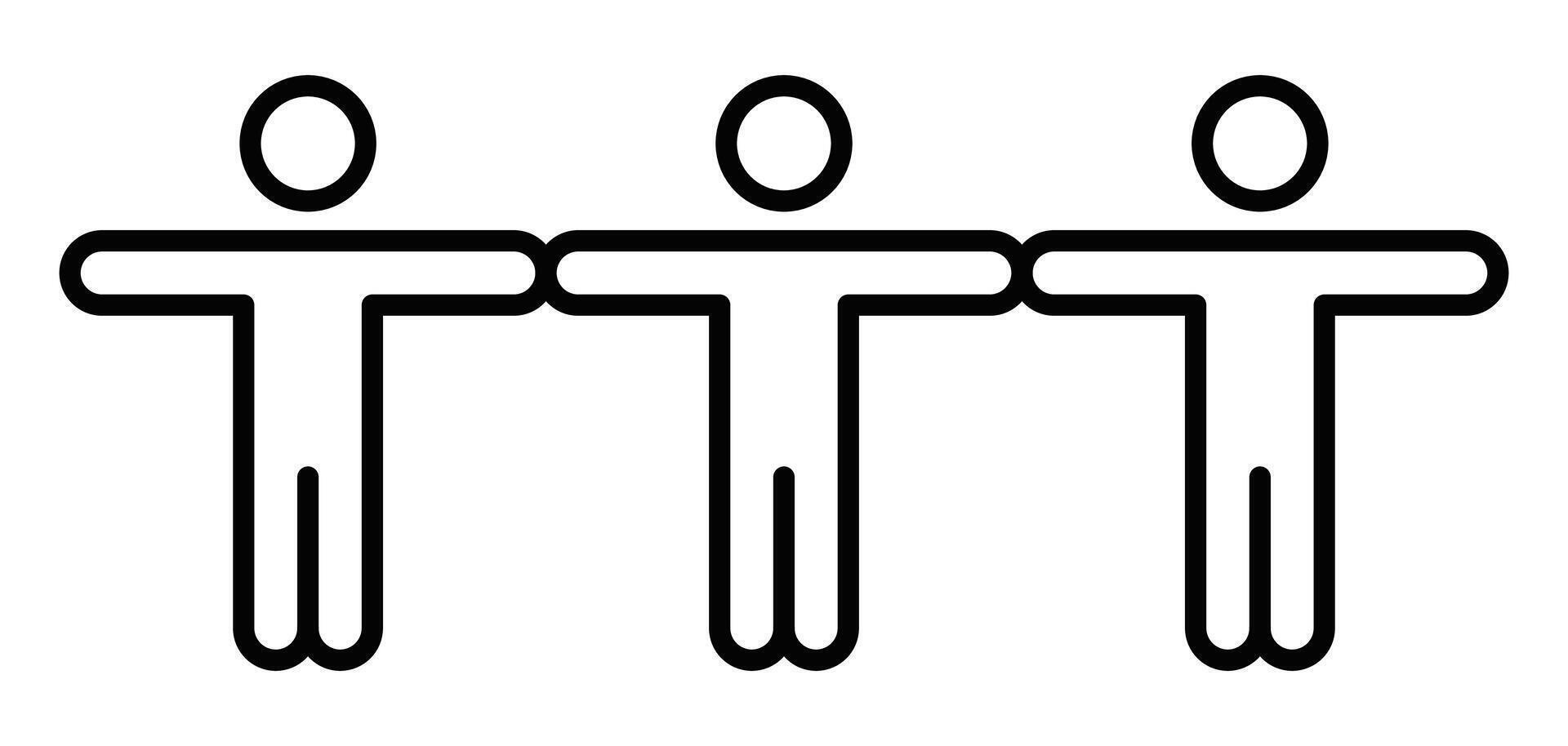 Three stick people holding hands. Editable stroke. vector