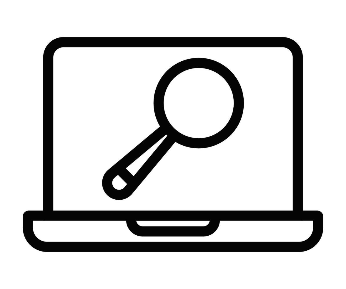 Laptop screen with magnifying glass symbol. Editable stroke. vector