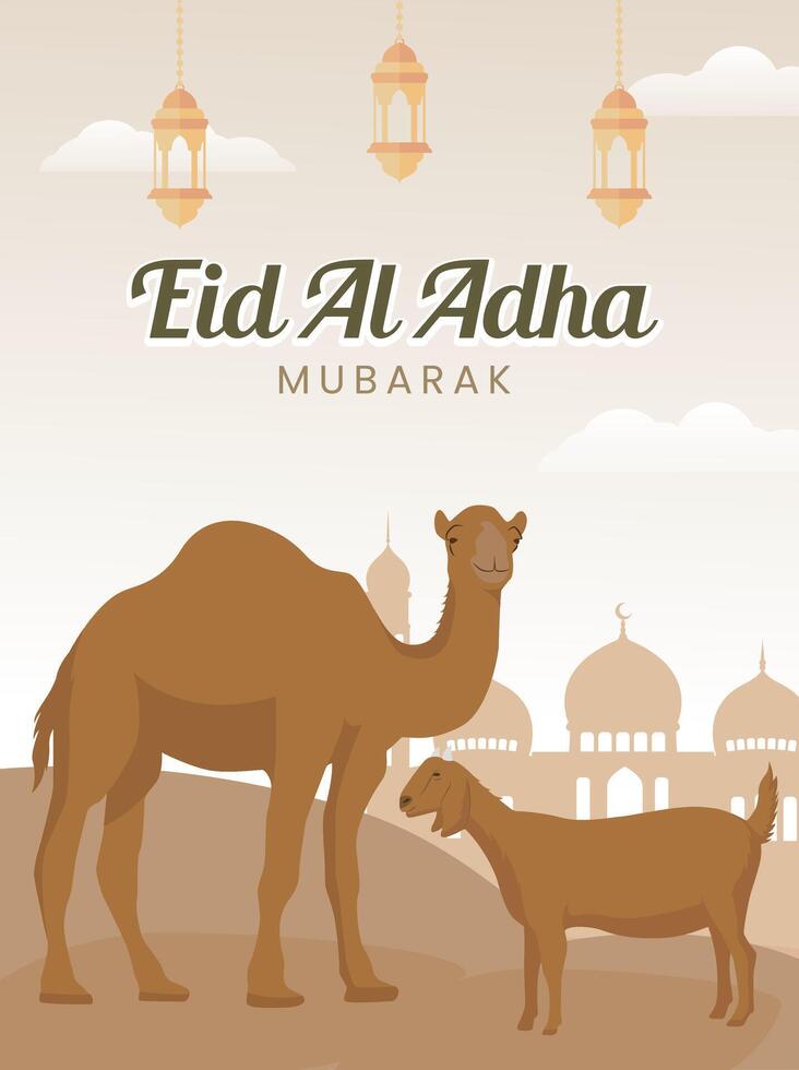 Eid al-Adha and hajj month illustration with camel and sheep or goat illustration. Banner for muslim with mosque silhouette, lantern with islamic motif and qurban animal. vector