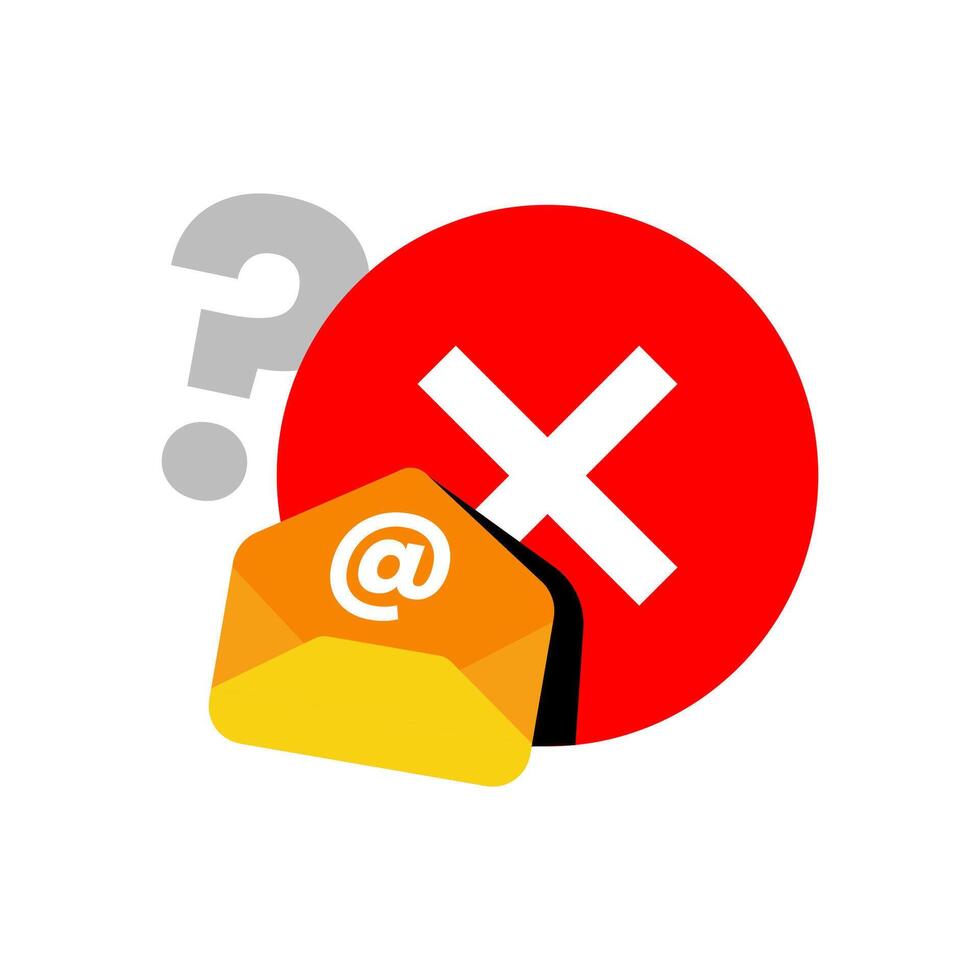 flat illustration of email envelope with at sign and red cross mark. email account not found, login error, or invalid email address. for UI design, mobile apps, websites, and alert messages vector