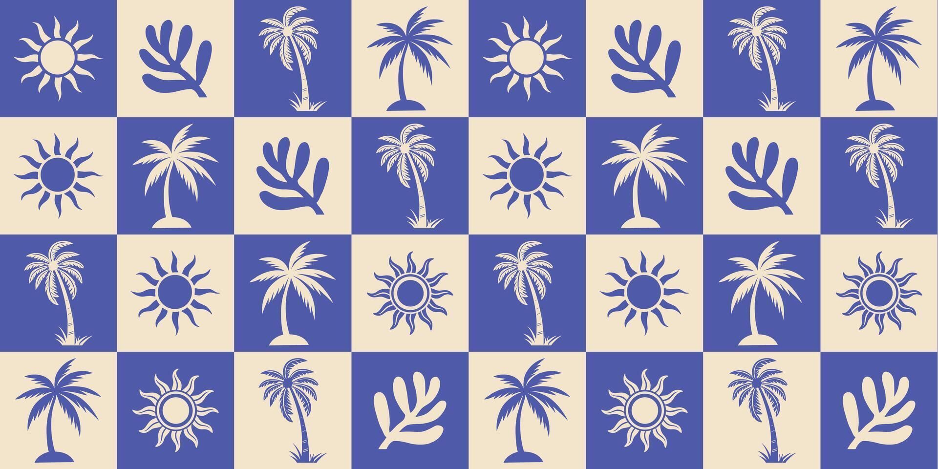 Seamless Bold Blue and Beige Tropical Pattern with Palm Trees and Sun Icons vector