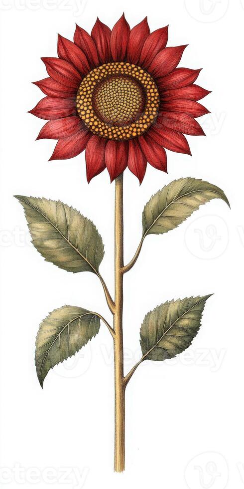 A red sunflower with leaves and a stem photo