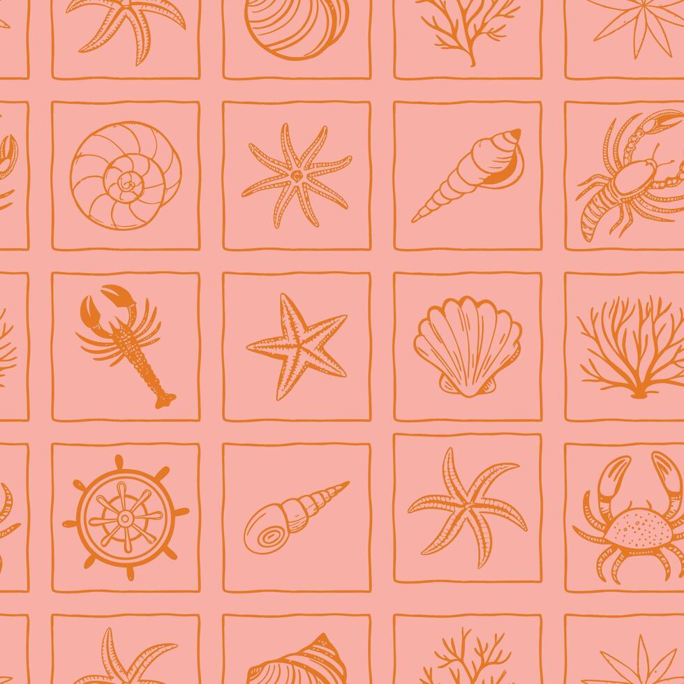 Seamless Nautical Pattern with Hand-Drawn Marine Icons in Coral and Warm Orange Tones vector