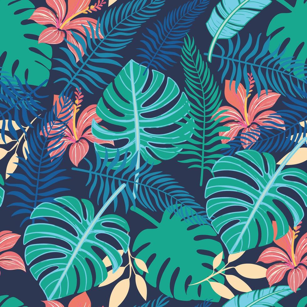 Seamless Tropical Pattern with Colorful Leaves and Hibiscus Flowers on Navy Blue Background vector