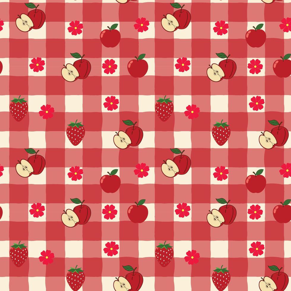 Seamless Red Gingham Pattern with Apples, Strawberries, and Flowers Cute Kawaii Fruit Picnic Design vector