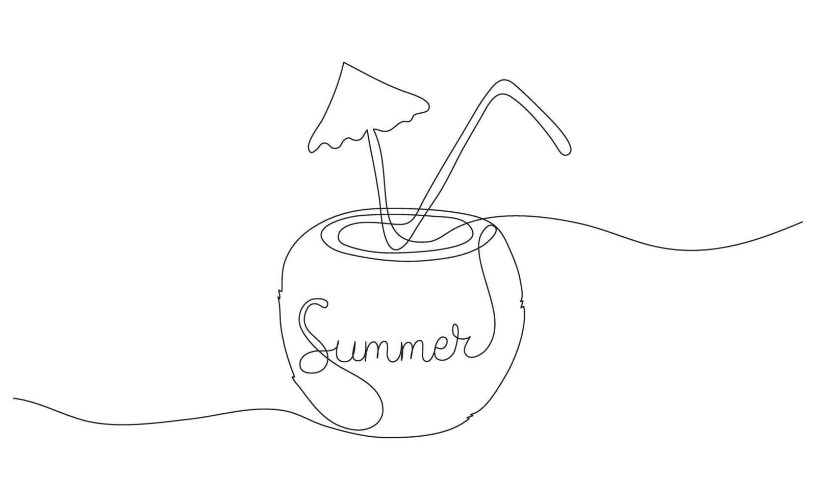 Summer Coconut cocktail in one line with an umbrella and a straw. Minimalistic continuous editable stroke for poster banner card. Hand drawn lettering. vector