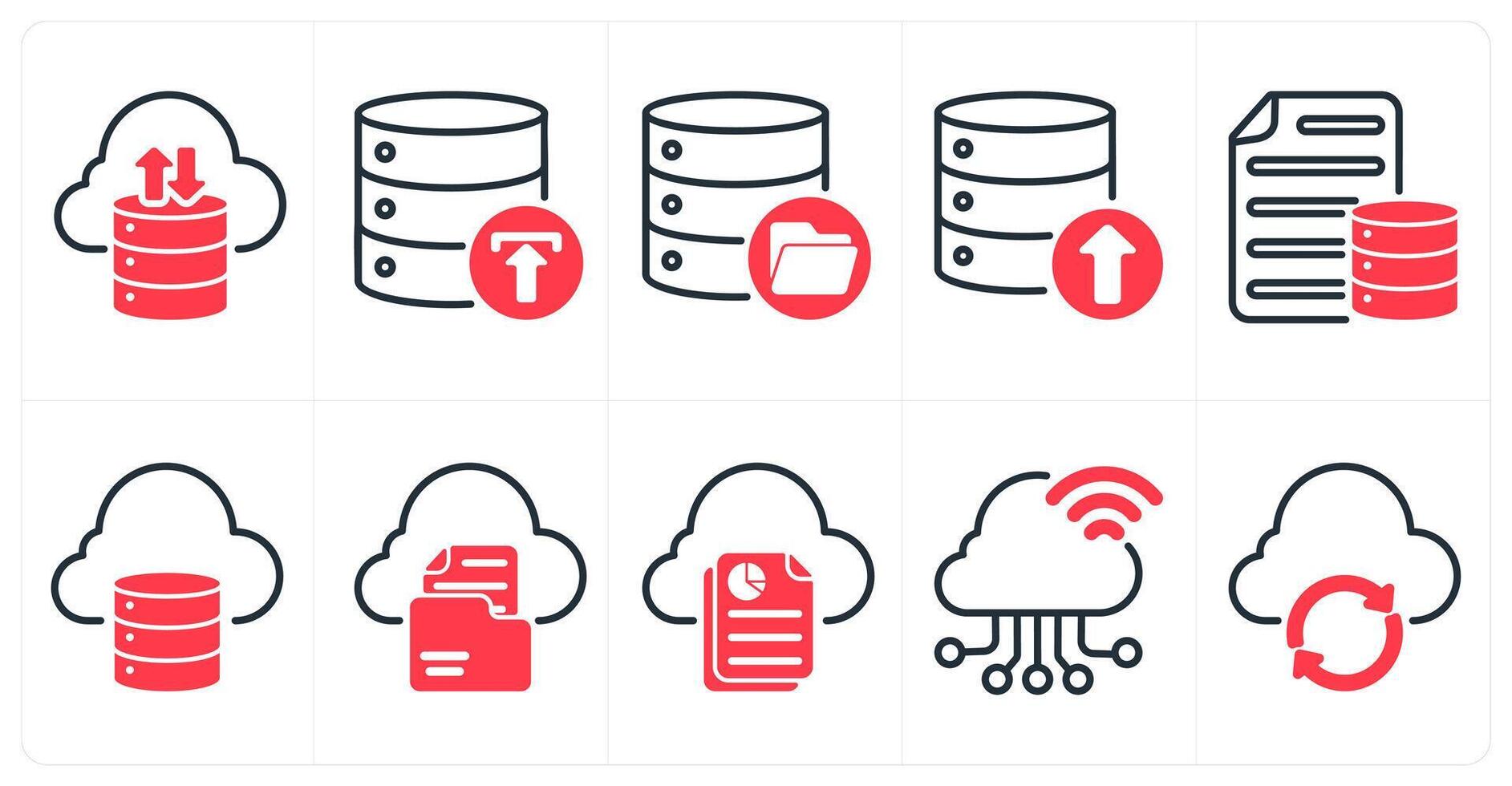 A set of 10 seo icons as cloud storage, backup, data storage in red color vector