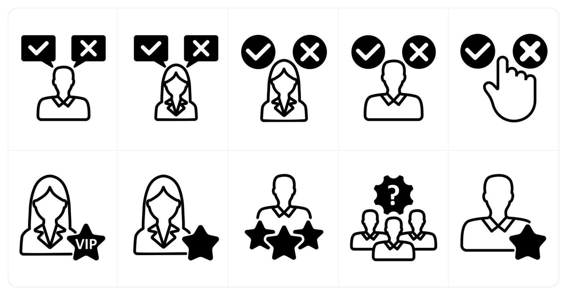 A set of 10 business icons as decision, decision making confusion, vip user in black color vector